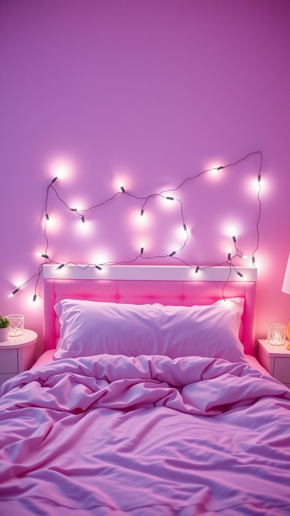A girly pink bedroom featuring fairy lights above the bed, creating a cozy atmosphere.