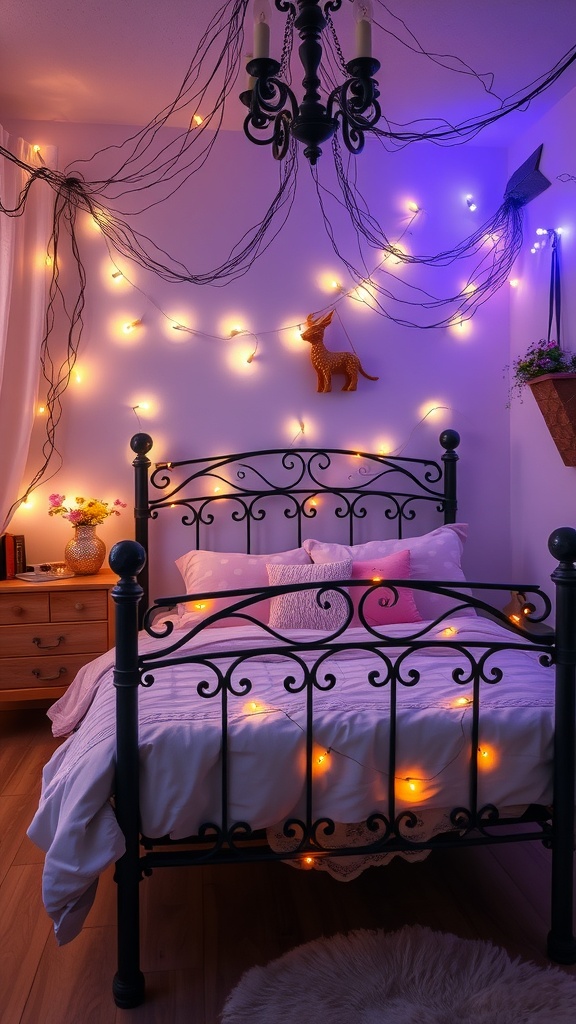 A whimsical bedroom featuring a black iron bed frame, fairy lights, and playful decor.