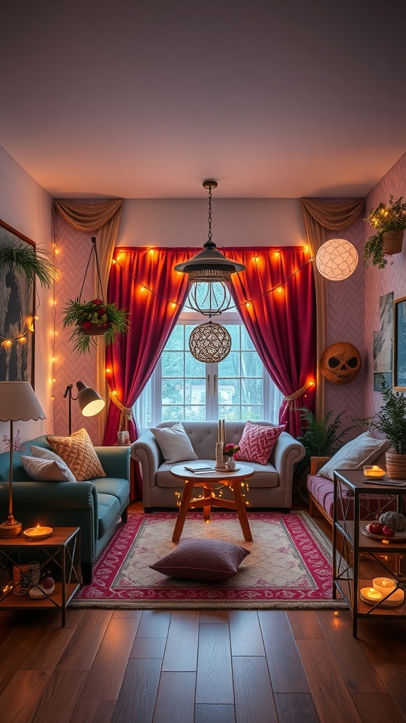 A cozy living room with teal and grey sofas, deep red curtains, fairy lights, and plants, creating a warm and inviting atmosphere.
