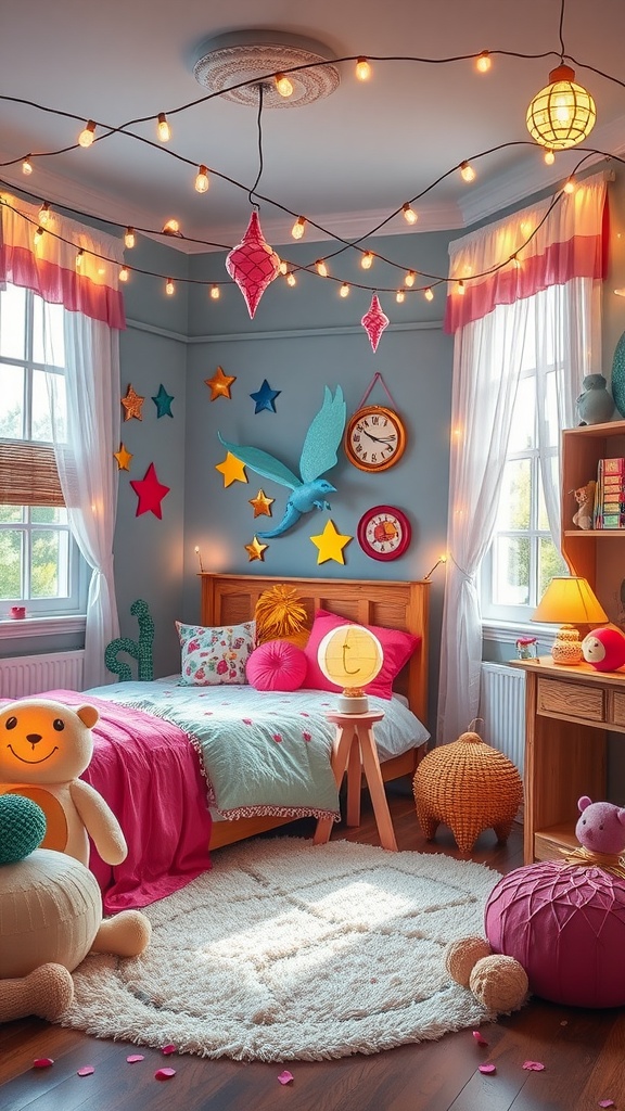 A whimsical fantasy themed teen bedroom with colorful decor, soft lighting, and playful elements.