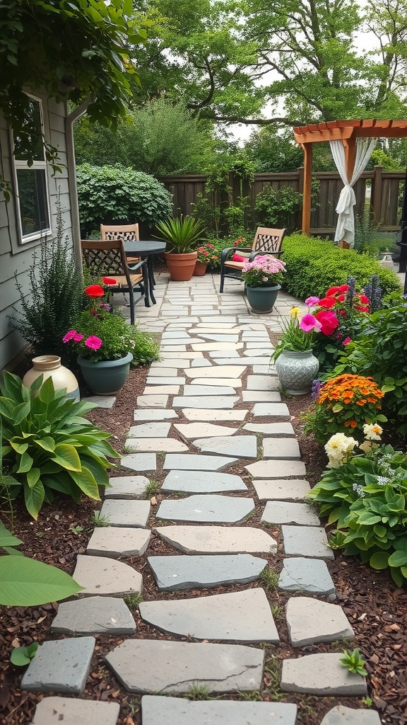 A stone pathway leading through a vibrant garden filled with colorful flowers and greenery.