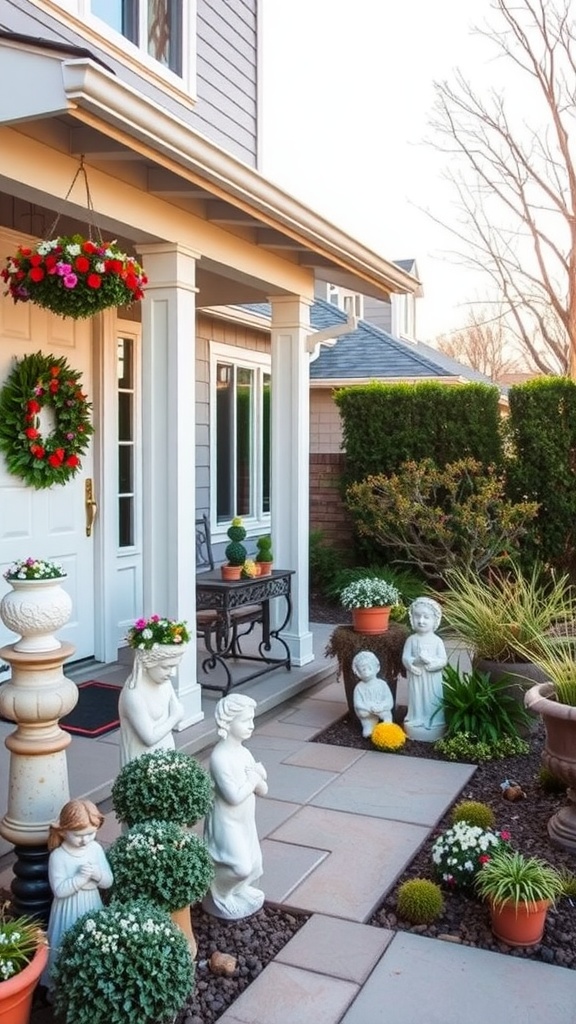 A front patio featuring whimsical garden statues, colorful flowers, and lush greenery.