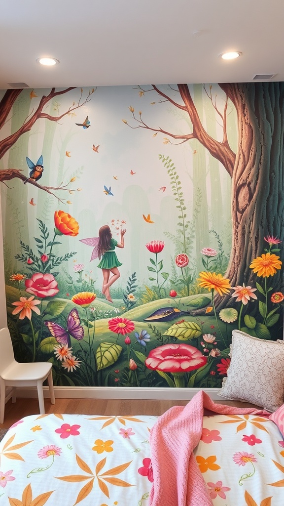 A whimsical mural depicting a fairy in a colorful garden with flowers and butterflies.