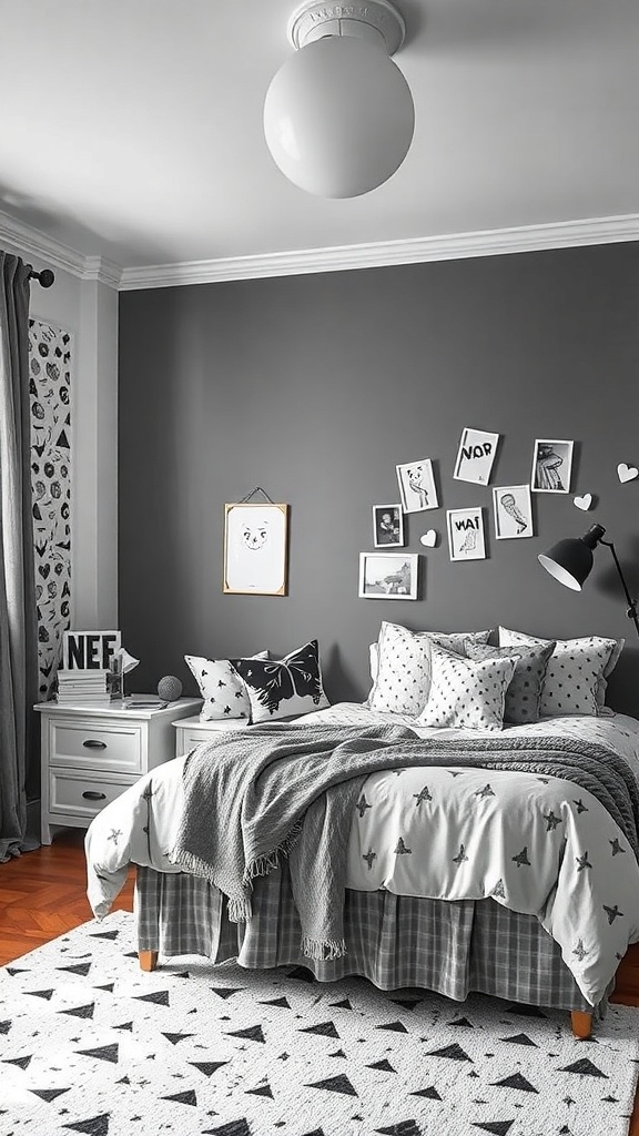 A cozy gray and black bedroom featuring whimsical patterns on bedding and decor.