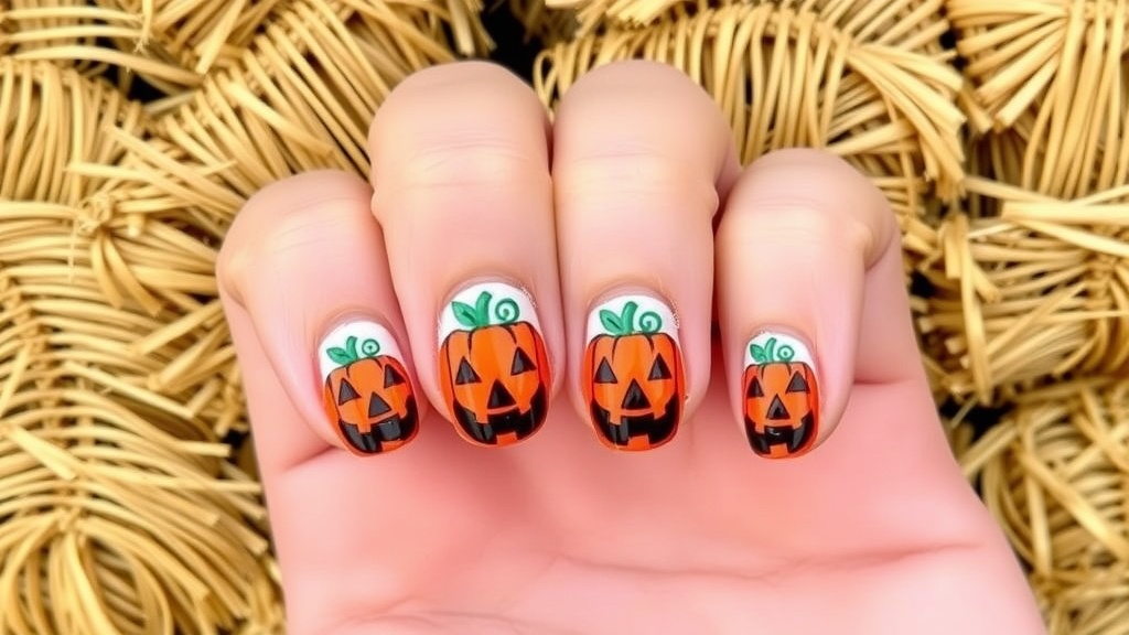 Colorful nails featuring whimsical pumpkin faces and Halloween designs.