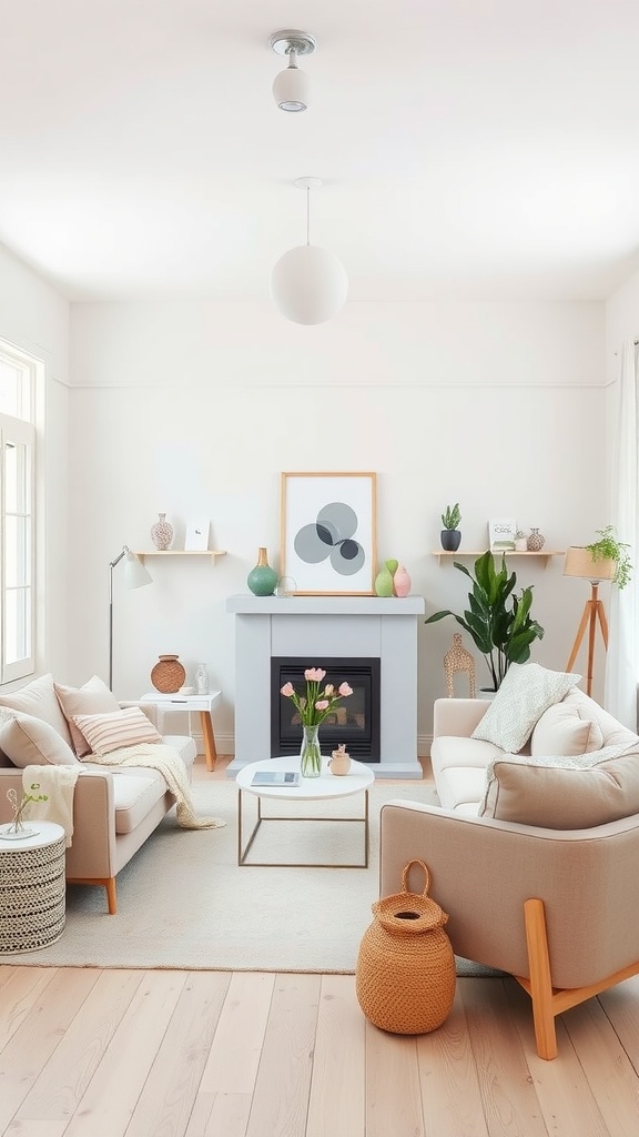 A cozy living room featuring Scandinavian pastel decor with light wood flooring, beige sofas, and decorative plants.