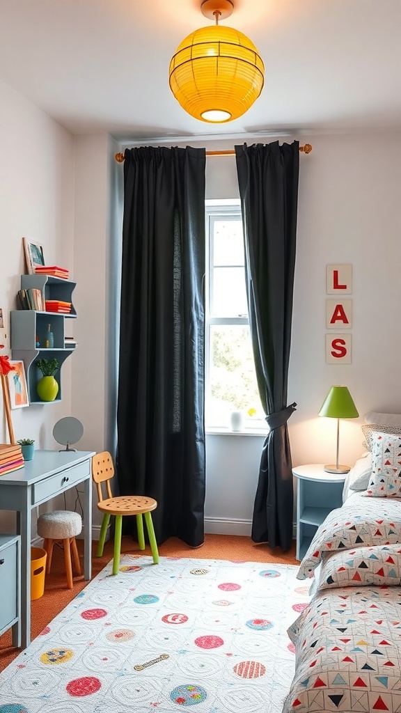 A cozy bedroom featuring black curtains, colorful decor, and a playful rug.