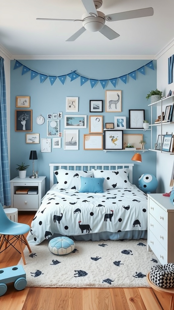 A whimsical blue and black bedroom featuring a playful duvet cover, framed artworks, and colorful decor.