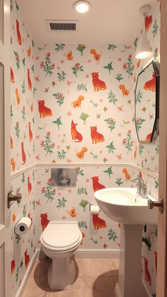 A whimsical bathroom with colorful wallpaper featuring animals and plants.