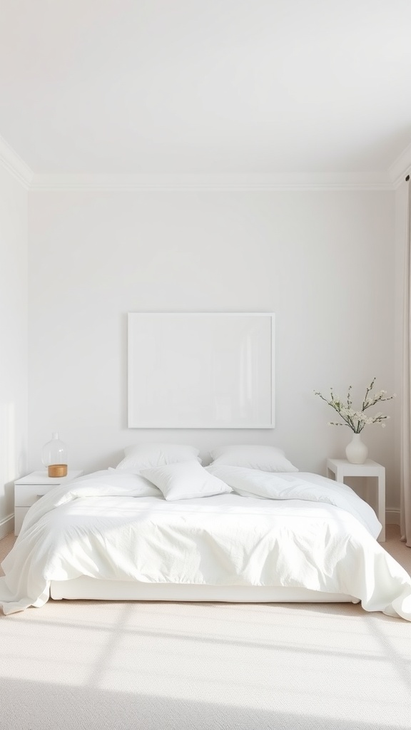 A minimal white bedroom featuring a large bed with white bedding, a simple white wall art piece, and a stylish side table with a vase of flowers.
