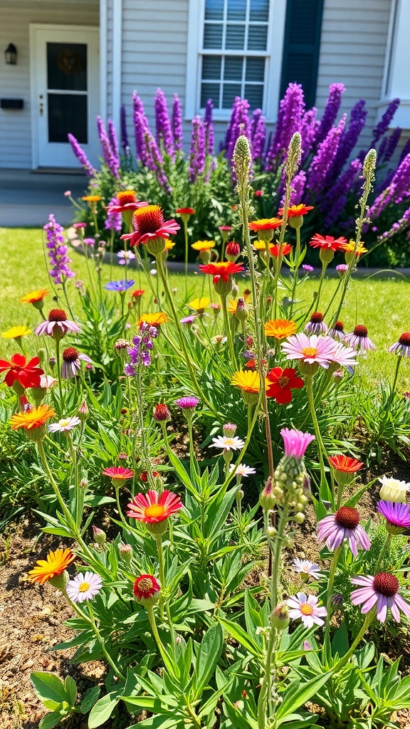 A colorful wildflower garden in front of a house, featuring various flowers in bloom.