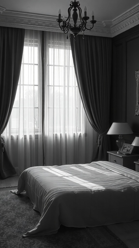 A cozy black and white bedroom featuring large windows with sheer and heavy curtains, a chandelier, and a neatly made bed.