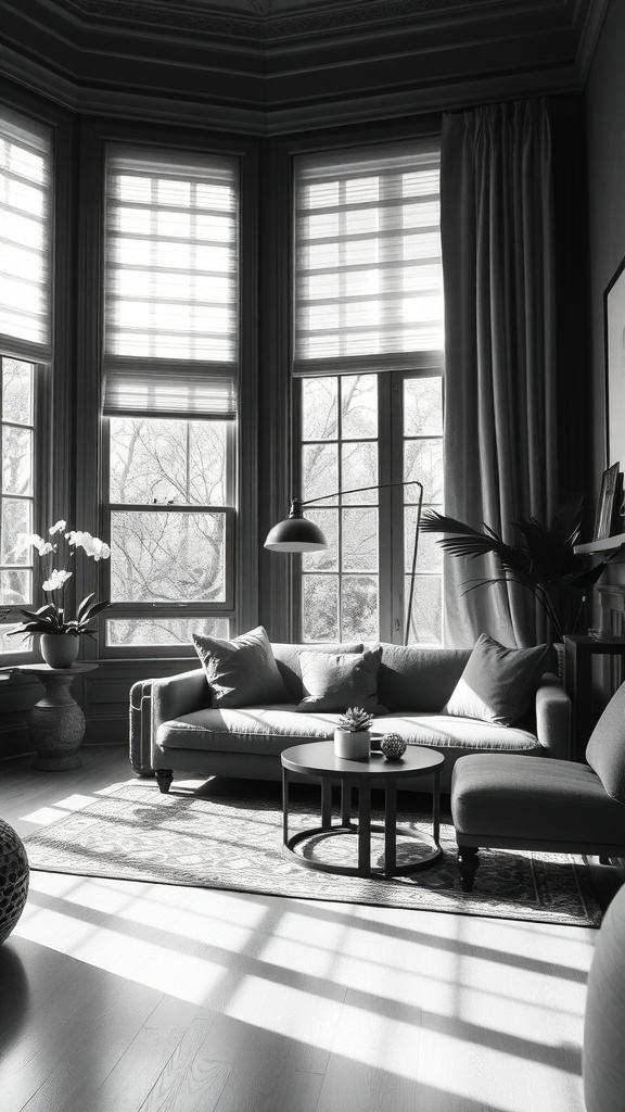 A black and white aesthetic living room featuring large windows with sheer fabric shades, a cozy couch, and tasteful decor.