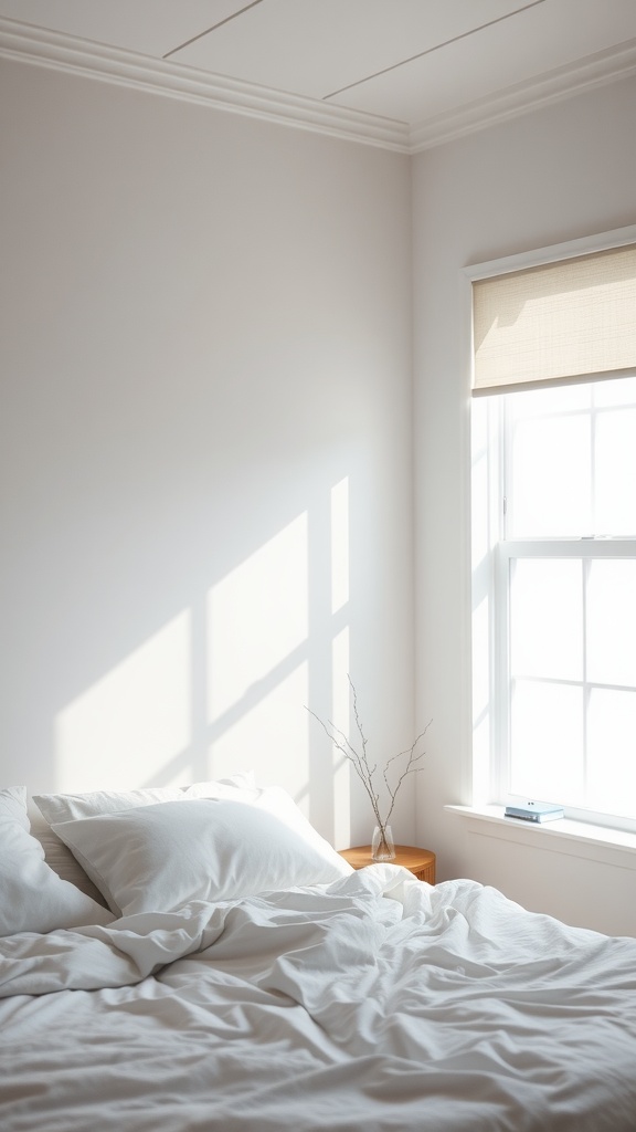 Minimal bedroom with white bedding and a window covered by a light shade