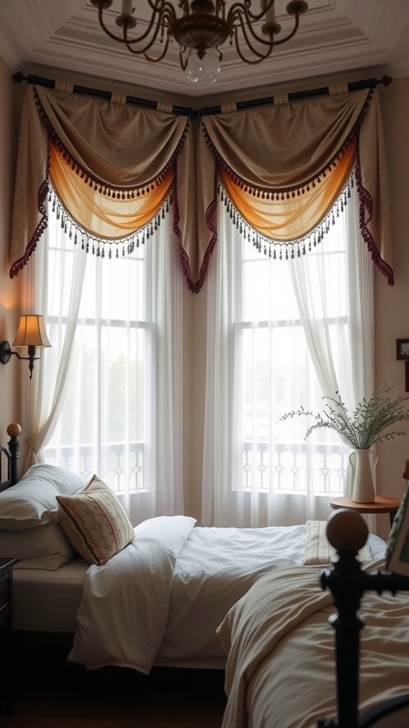 Cozy bedroom with elegant window treatments and soft bedding