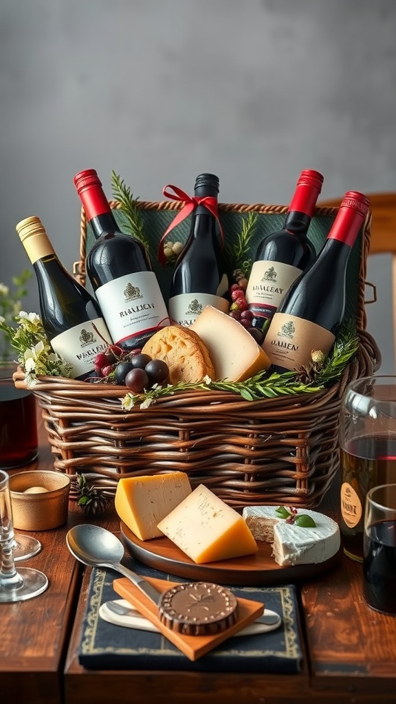 A beautifully arranged wine and cheese gift basket featuring red wine bottles, assorted cheeses, grapes, and decorative herbs.