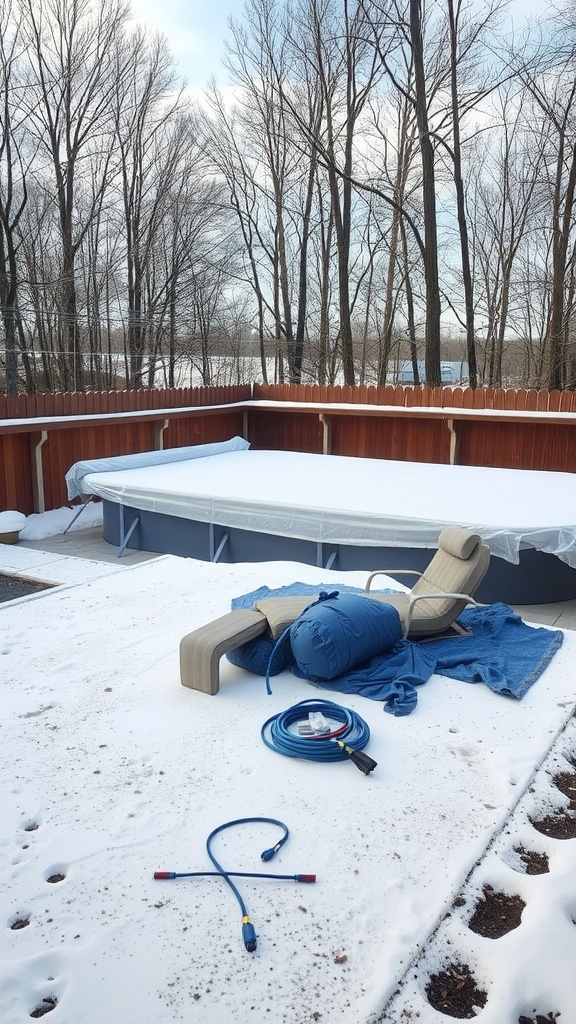 An above ground pool covered for winter with snow around it, showing a deck and some pool equipment.