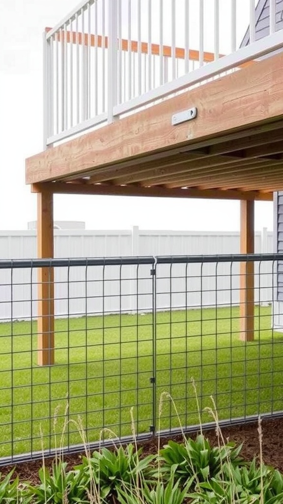 A sturdy wire fence under a wooden deck, providing a safe and visible boundary.