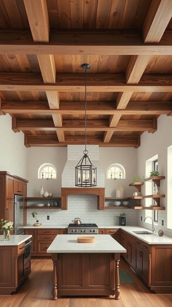 Cozy cottage kitchen featuring wooden beams and ceiling