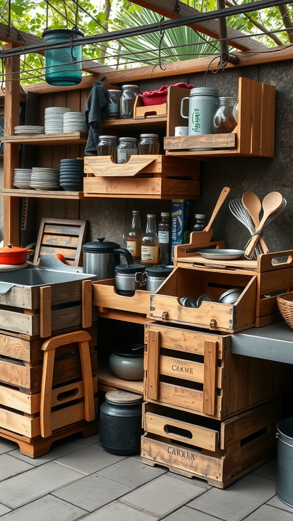 Outdoor kitchen storage made from wooden crates