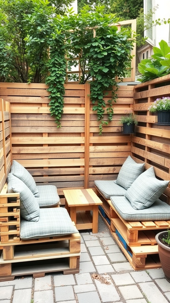 Outdoor seating area made from wooden pallets with cushions and plants