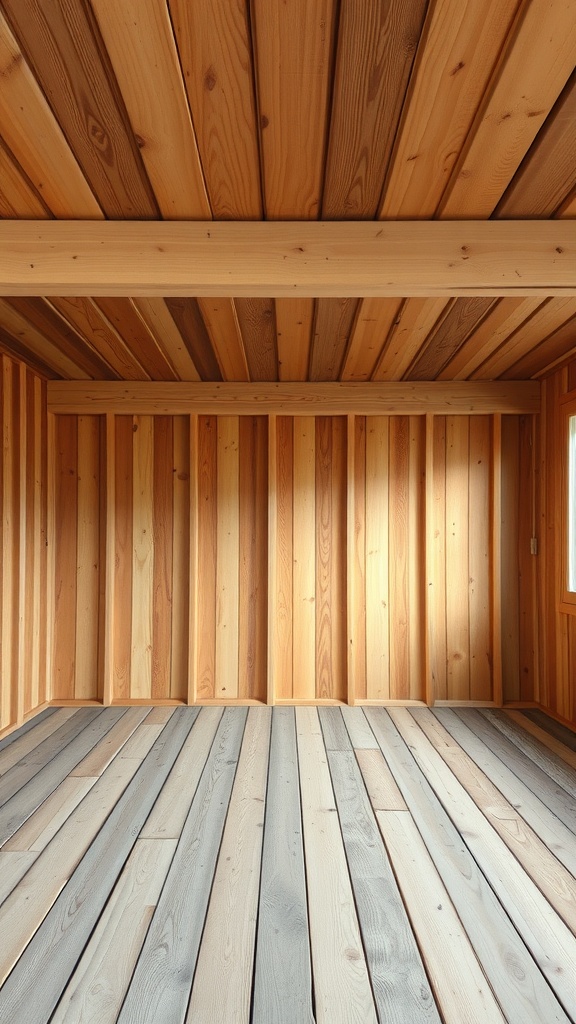 Interior view of wooden paneling with a smooth, light wood ceiling and floor