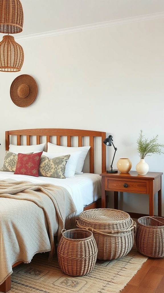 A cozy boho bedroom featuring woven baskets for storage, a wooden bed, and decorative pillows.