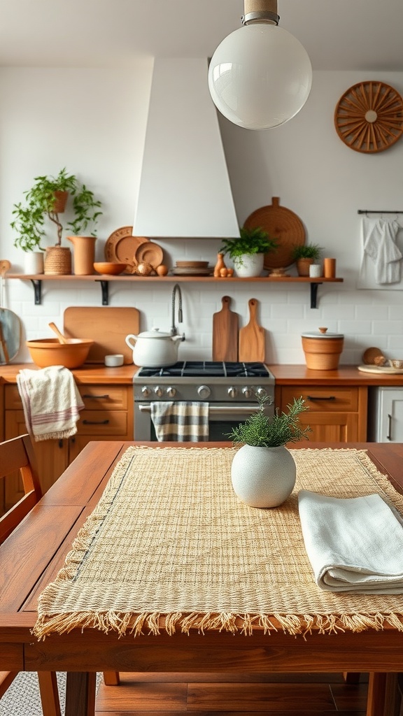 Cozy kitchen with woven textiles and natural linens on a wooden table.