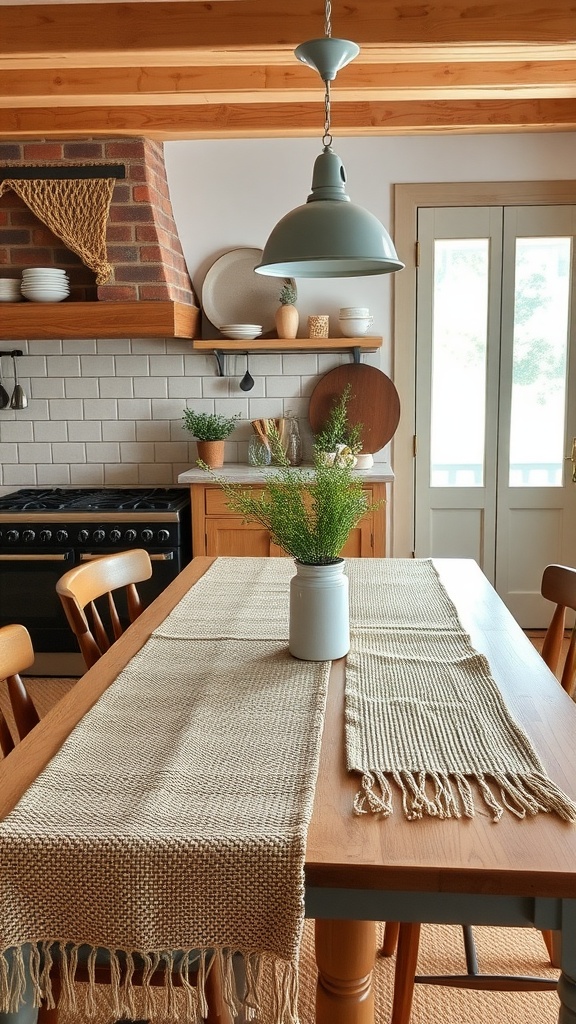 A rustic farmhouse kitchen featuring a woven table runner on a wooden table with greenery.