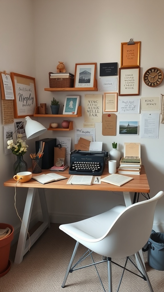 A cozy writing desk with a typewriter, books, and inspirational decor on the wall.