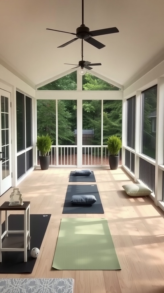 A serene screened-in back porch set up for yoga with mats, cushions, and plants.