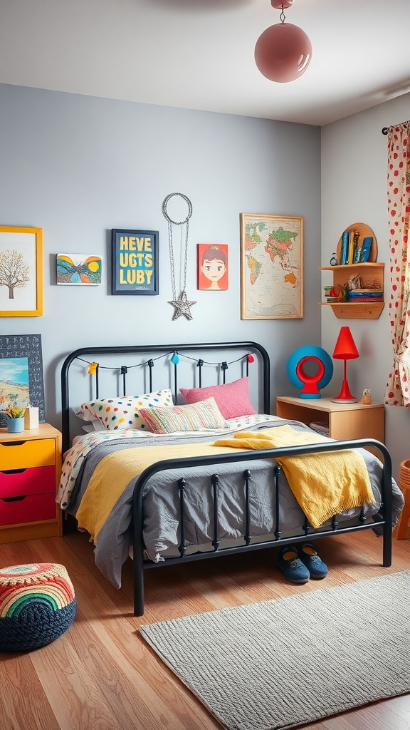 A colorful and youthful bedroom featuring a black bedframe, vibrant bedding, and playful decor.