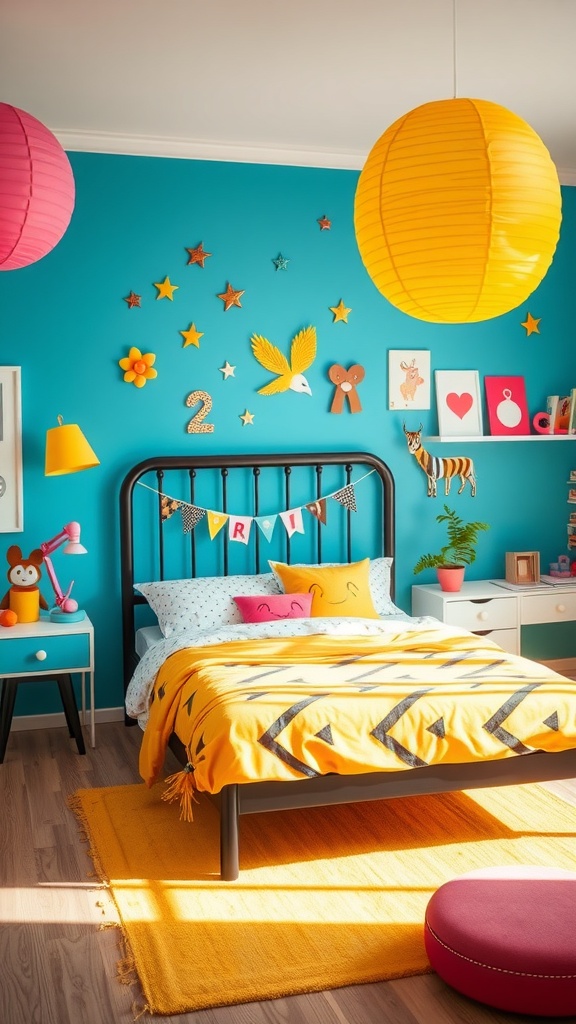 A colorful bedroom featuring a black bed frame, bright blue walls, playful decor, and cheerful bedding.
