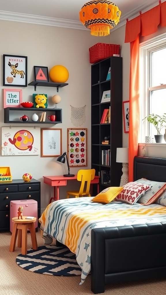 A colorful youth bedroom featuring black furniture, bright curtains, and playful decor.
