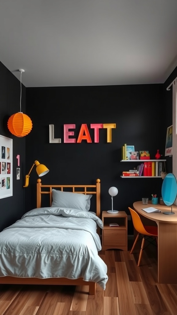 A stylish bedroom with black walls, featuring colorful decor and furniture.