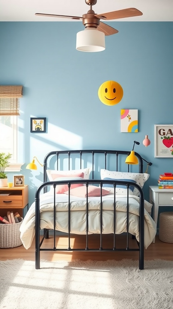 A bright and playful bedroom featuring a black metal bed frame, colorful decor, and a cheerful atmosphere.