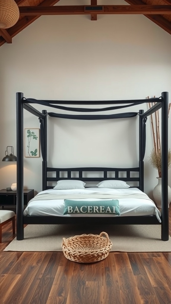 A zen-inspired black canopy bed in a serene bedroom setting with wooden flooring and natural decor.