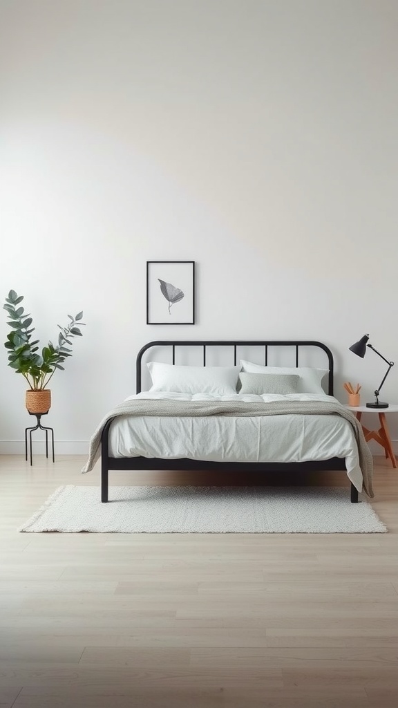 A minimalist bedroom featuring a black bed frame, neutral bedding, a plant, and simple decor.