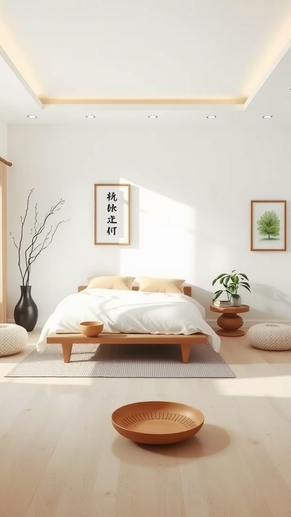A zen-inspired bedroom featuring a wooden bed, soft cushions, and natural decor.