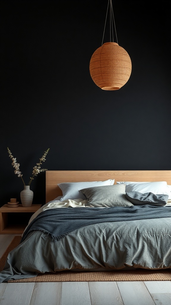 A serene bedroom featuring a black accent wall, wooden bed frame, and soft bedding.