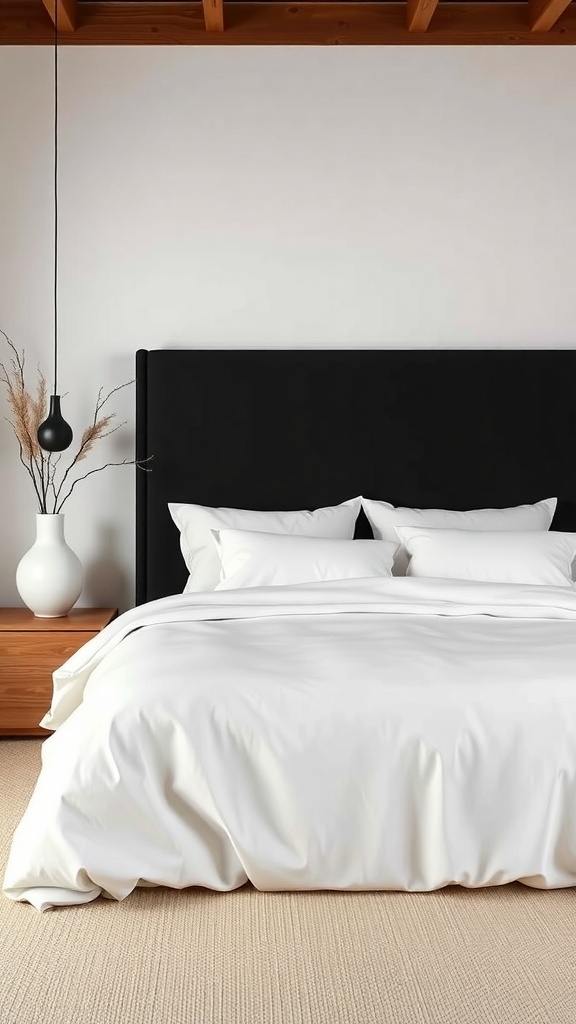 A serene zen bedroom featuring a black headboard, white bedding, and natural wood accents.