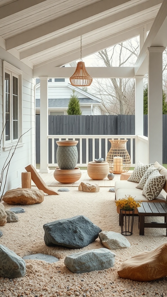 A mobile home porch designed as a Zen garden with sandy ground, rocks, and natural materials.