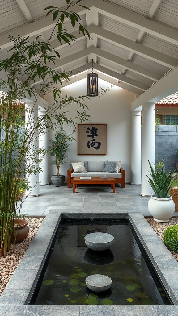A serene covered patio featuring a water feature, bamboo plants, and comfortable seating.