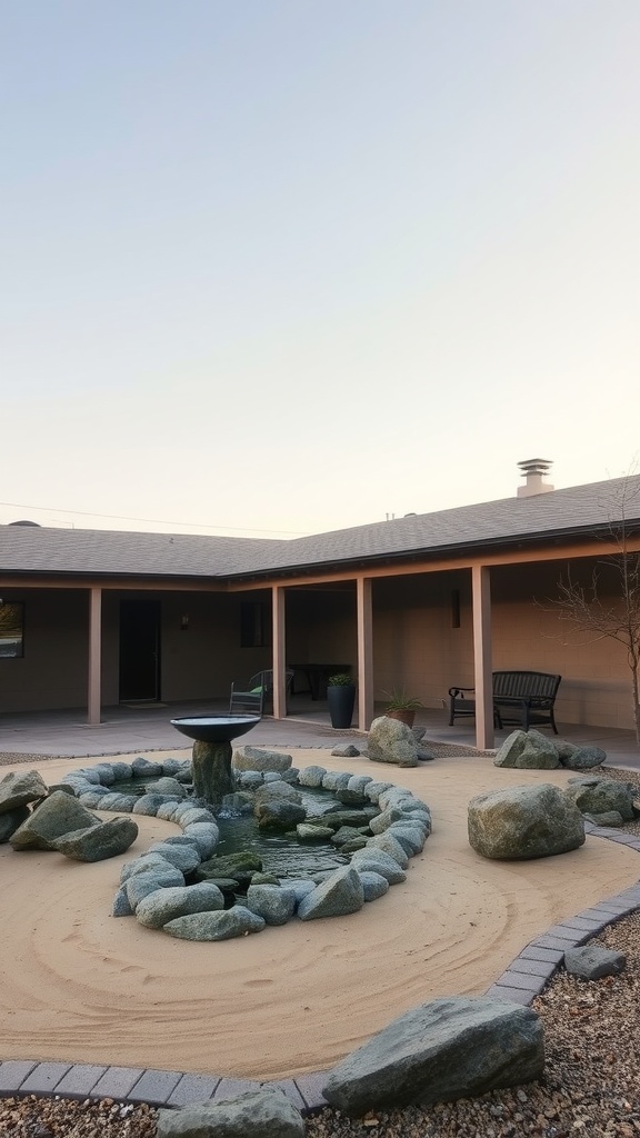 A serene Zen garden with rocks, sand, and a water feature on a covered outdoor patio.