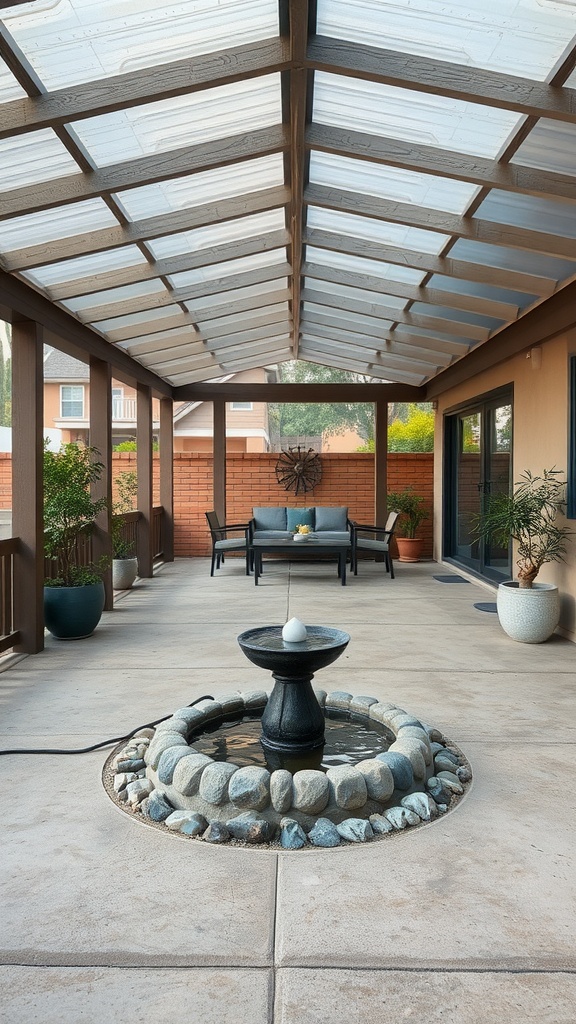 Outdoor covered patio with a water feature and comfortable seating.