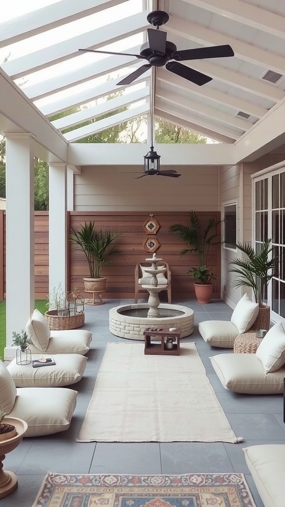 A serene covered back patio with cushions, a rug, plants, and a water feature.