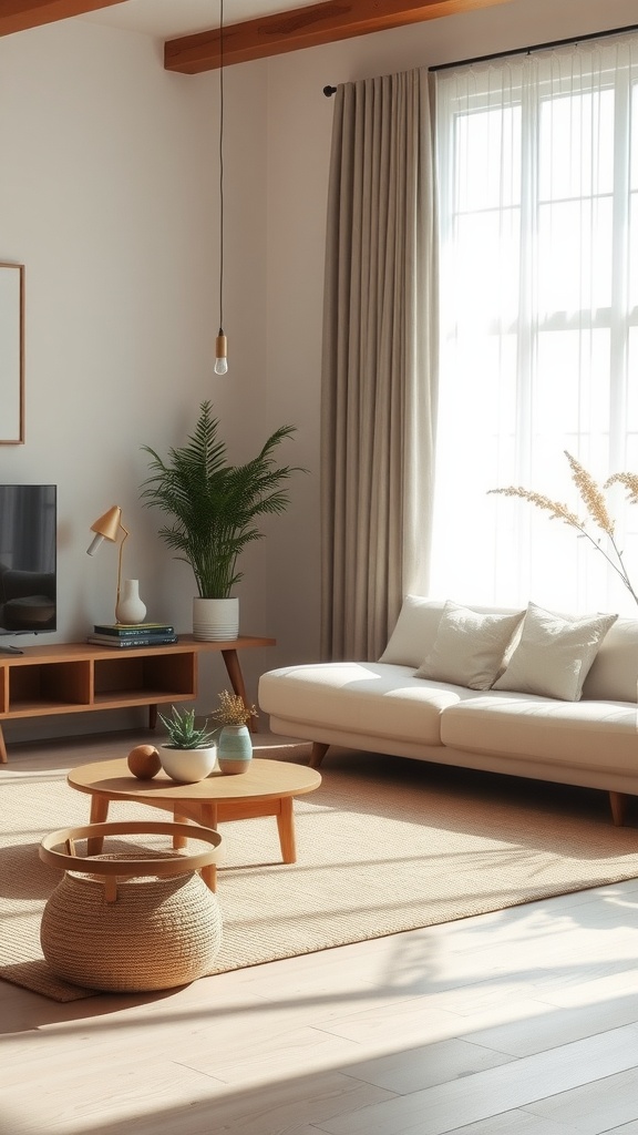A serene living room featuring a white sofa, wooden coffee table, and plants, bathed in natural light.