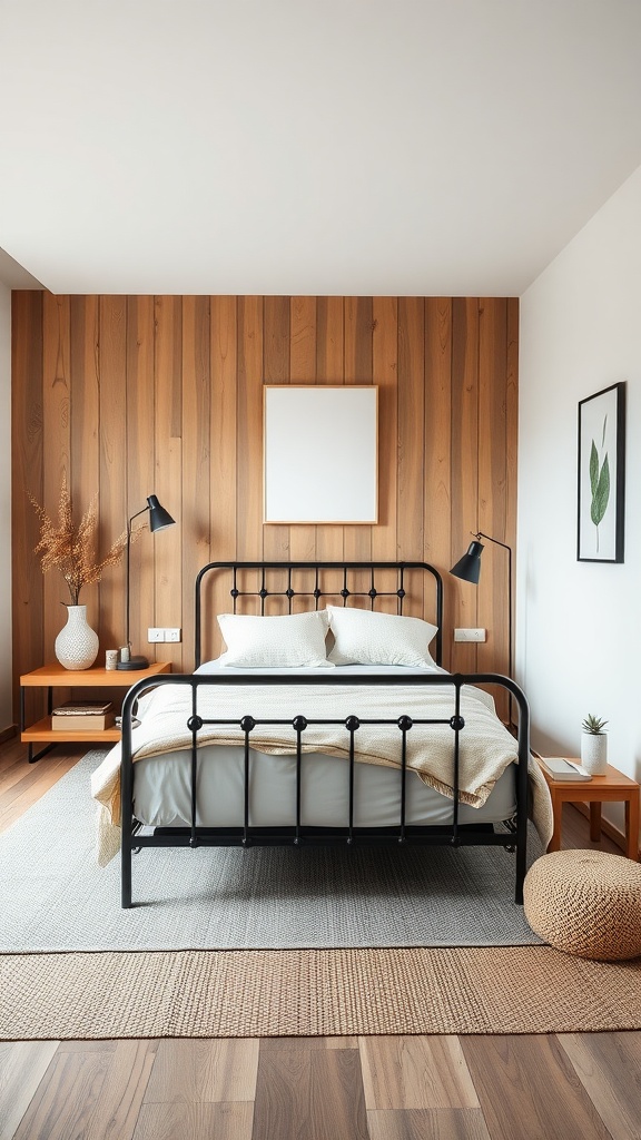 A cozy bedroom featuring a black metal bed frame, wooden wall, and natural decor elements.