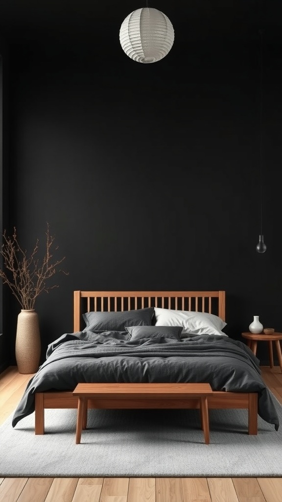 A minimalist bedroom with black walls, wooden furniture, and soft lighting.