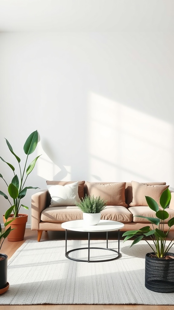 Cozy living room with a brown couch and potted plants